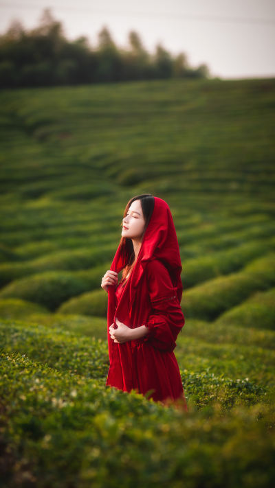 人像壁纸 茶园 红色裙子美女 红色头巾4k美女手机壁纸无水印竖屏2160×3840