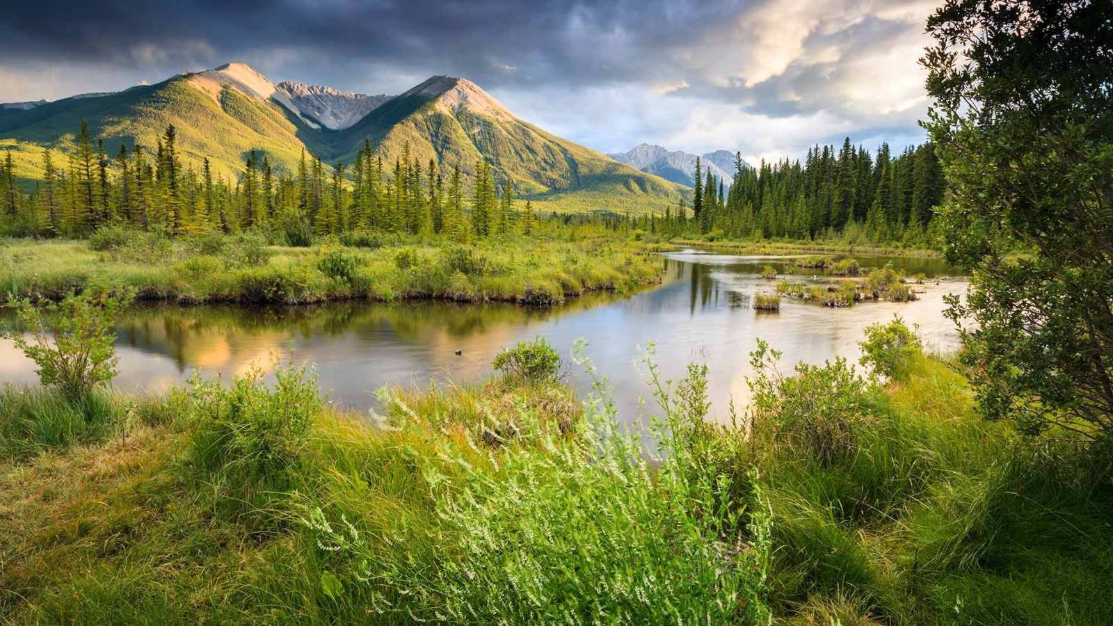 必应壁纸 2021年7月21日 山脉中的朱砂湖，加拿大落基山脉