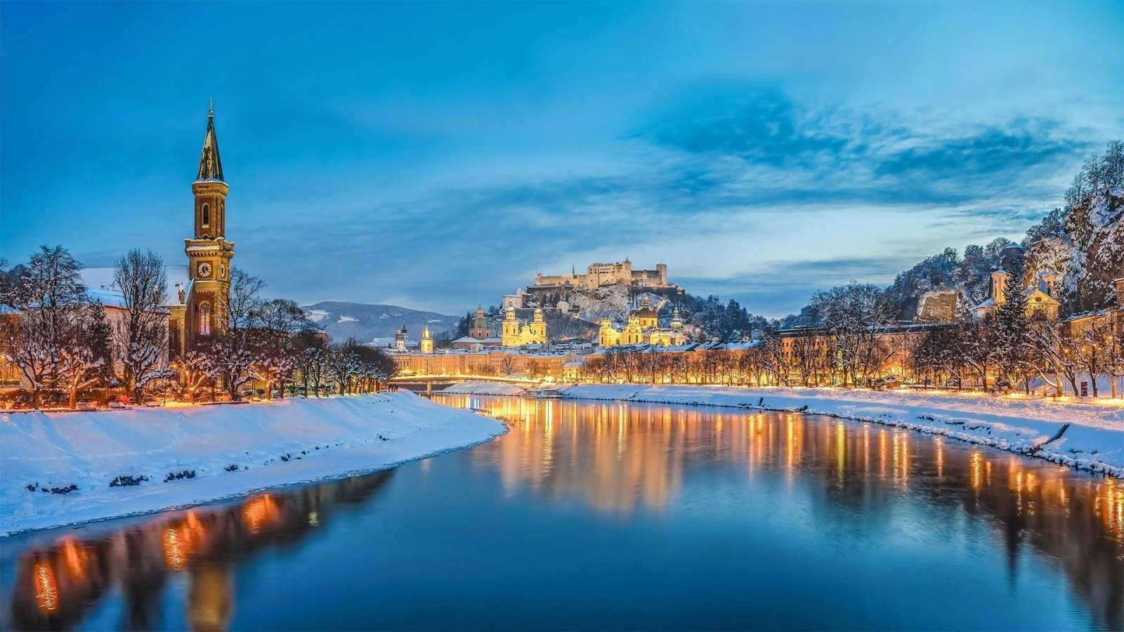 必应壁纸 2021年12月5日 Salzburg with Salzach river, Austria